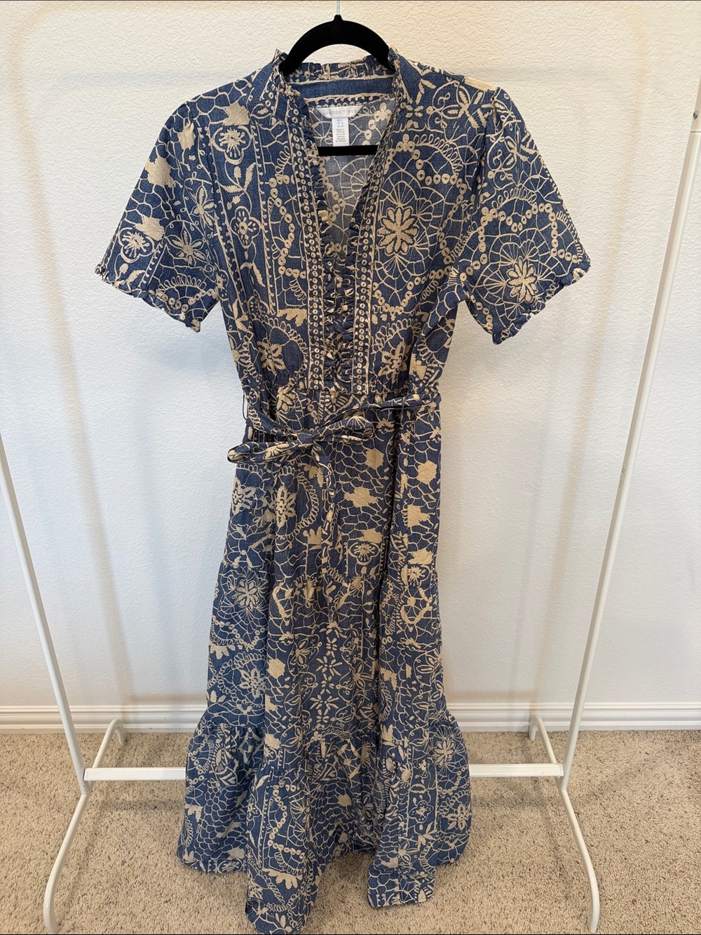 London Times Navy and Cream Floral Maxi Dress with Tie Waist